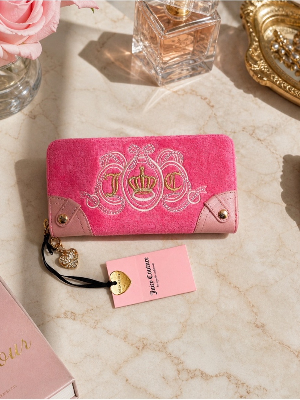Juicy Couture Pink Terry Cloth Wallet NWT Y2K Crown Zip Around